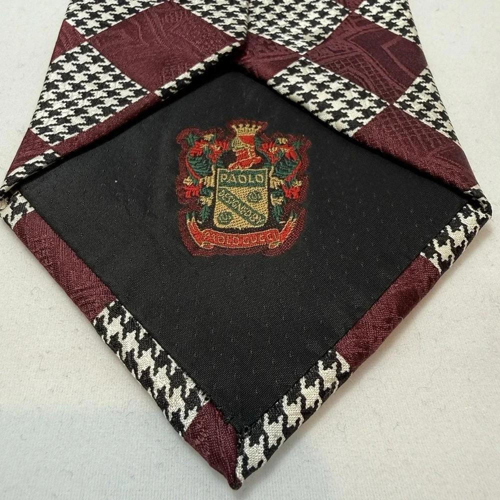Vintage Paolo Gucci Silk Tie Burgundy Checkerboard Designer Italian Luxury 80's